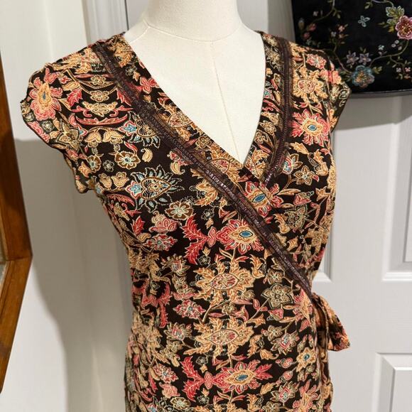 Style & Co Dark Brown & Orange Boho Floral Pattern Faux Wrap Mesh Fairy Top S - Picture 2 of 8